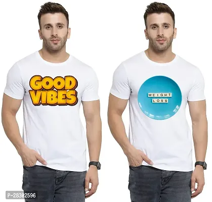 Stylish White Polycotton Half Sleeve Printed Round Neck Tees For Men Pack Of 2