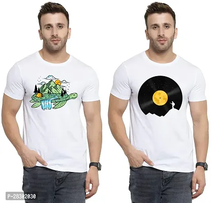 Stylish White Polycotton Half Sleeve Printed Round Neck Tees For Men Pack Of 2