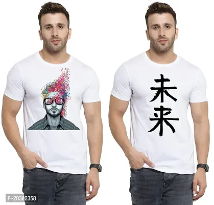 Stylish White Polycotton Half Sleeve Printed Round Neck Tees For Men Pack Of 2-thumb0