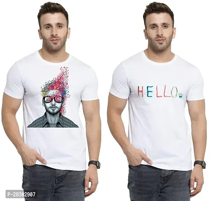 Stylish White Polycotton Half Sleeve Printed Round Neck Tees For Men Pack Of 2