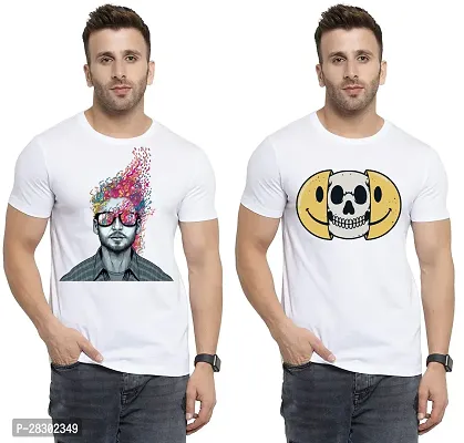 Stylish White Polycotton Half Sleeve Printed Round Neck Tees For Men Pack Of 2