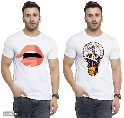 Stylish White Polycotton Half Sleeve Printed Round Neck Tees For Men Pack Of 2