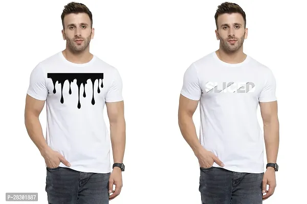 Stylish White Polycotton Half Sleeve Printed Round Neck Tees For Men Pack Of 2