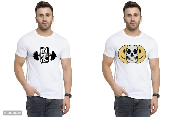 Stylish White Polycotton Half Sleeve Printed Round Neck Tees For Men Pack Of 2-thumb0