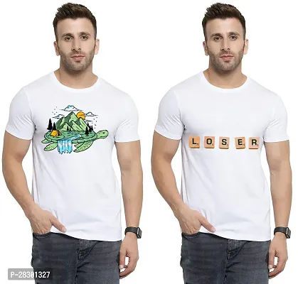 Stylish White Polycotton Half Sleeve Printed Round Neck Tees For Men Pack Of 2-thumb0