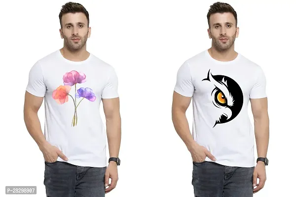 Stylish White Polycotton Half Sleeve Printed Round Neck Tees For Men Pack Of 2-thumb0