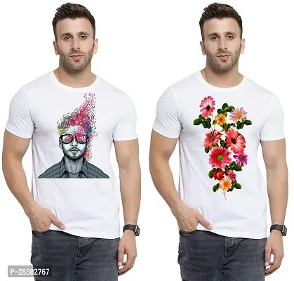 Stylish White Polycotton Half Sleeve Printed Round Neck Tees For Men Pack Of 2