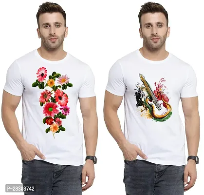 Reliable White Polycotton Printed Round Neck Tees For Men Pack Of 2