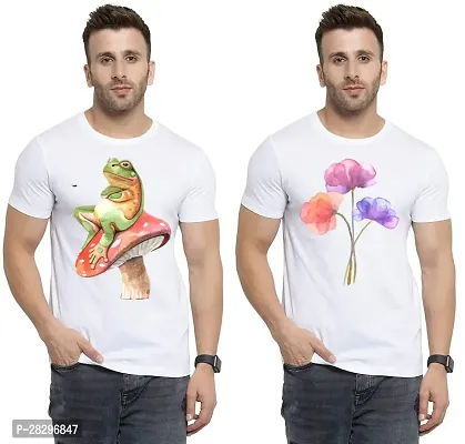 Stylish White Polycotton Half Sleeve Printed Round Neck Tees For Men Pack Of 2