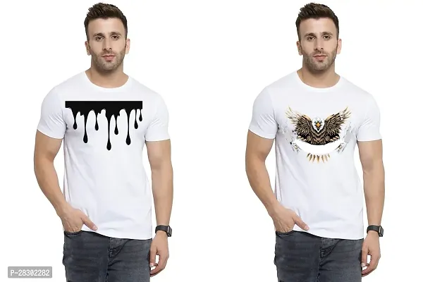 Stylish White Polycotton Half Sleeve Printed Round Neck Tees For Men Pack Of 2