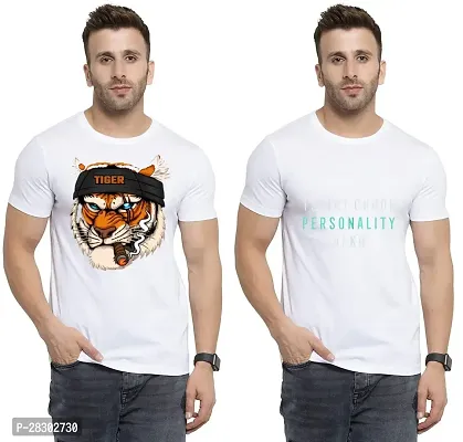 Stylish White Polycotton Half Sleeve Printed Round Neck Tees For Men Pack Of 2