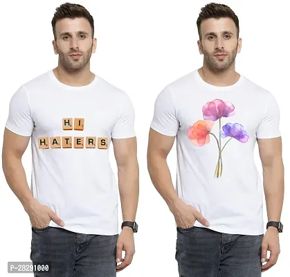 Stylish White Polycotton Half Sleeve Printed Round Neck Tees For Men Pack Of 2