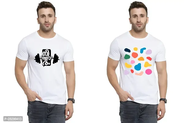 Stylish White Polycotton Half Sleeve Printed Round Neck Tees For Men Pack Of 2