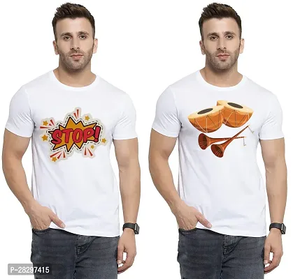 Stylish White Polycotton Printed Round Neck Tees For Men Pack Of 2