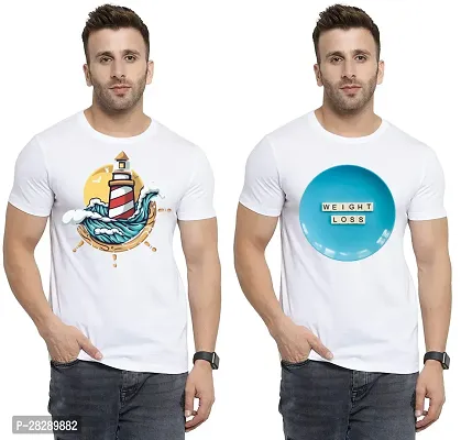 Stylish White Polycotton Half Sleeve Printed Round Neck Tees For Men Pack Of 2