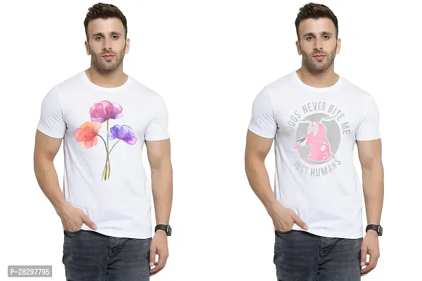 Stylish White Polycotton Half Sleeve Printed Round Neck Tees For Men Pack Of 2-thumb0