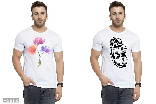 Stylish White Polycotton Half Sleeve Printed Round Neck Tees For Men Pack Of 2