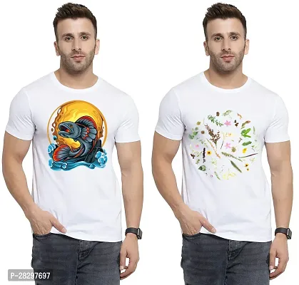 Stylish White Polycotton Printed Round Neck Tees For Men Pack Of 2