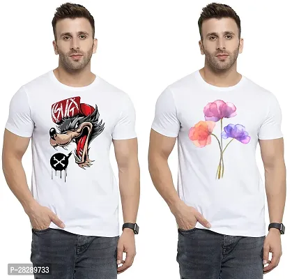 Stylish White Polycotton Half Sleeve Printed Round Neck Tees For Men Pack Of 2