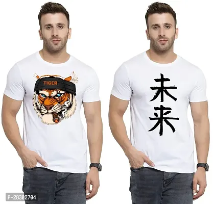 Stylish White Polycotton Half Sleeve Printed Round Neck Tees For Men Pack Of 2