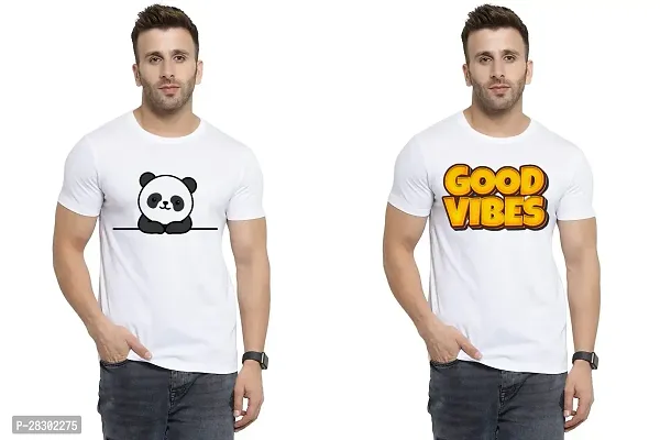 Stylish White Polycotton Half Sleeve Printed Round Neck Tees For Men Pack Of 2