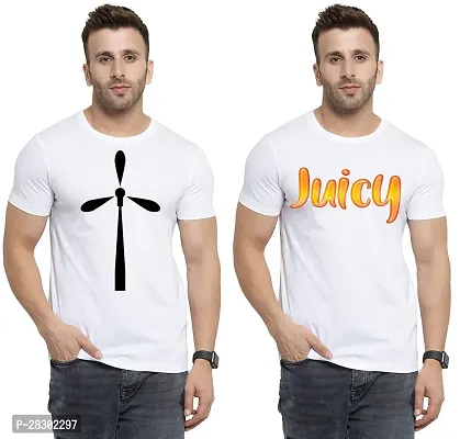 Stylish White Polycotton Half Sleeve Printed Round Neck Tees For Men Pack Of 2