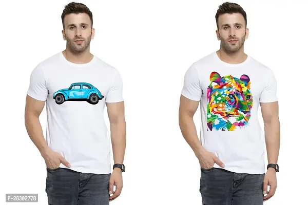 Stylish White Polycotton Half Sleeve Printed Round Neck Tees For Men Pack Of 2-thumb0