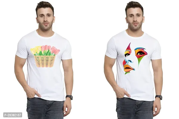 Stylish White Polycotton Half Sleeve Printed Round Neck Tees For Men Pack Of 2