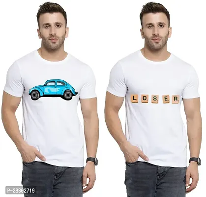 Stylish White Polycotton Half Sleeve Printed Round Neck Tees For Men Pack Of 2