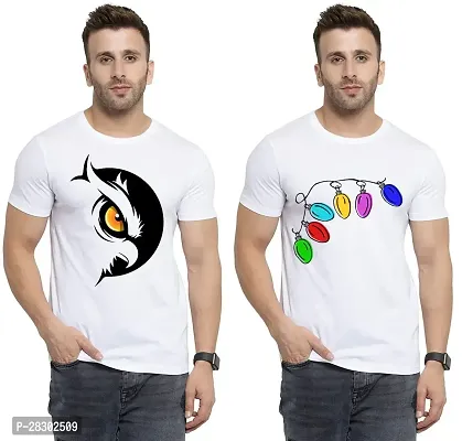 Stylish White Polycotton Half Sleeve Printed Round Neck Tees For Men Pack Of 2