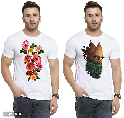 Reliable White Polycotton Printed Round Neck Tees For Men Pack Of 2