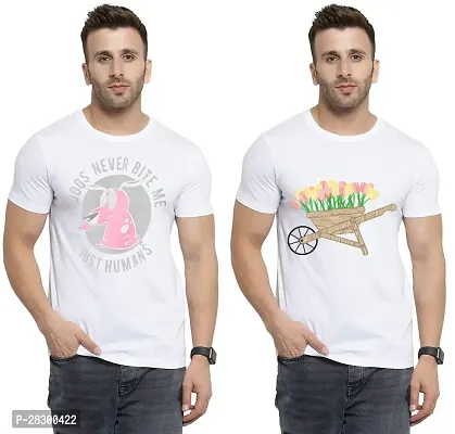 Stylish White Polycotton Half Sleeve Printed Round Neck Tees For Men Pack Of 2