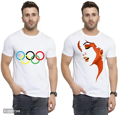 Stylish White Polycotton Printed Round Neck Tees For Men Pack Of 2