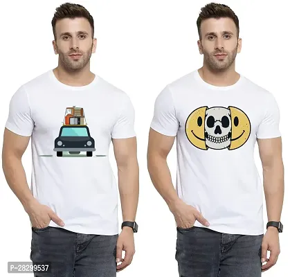 Stylish White Polycotton Half Sleeve Printed Round Neck Tees For Men Pack Of 2