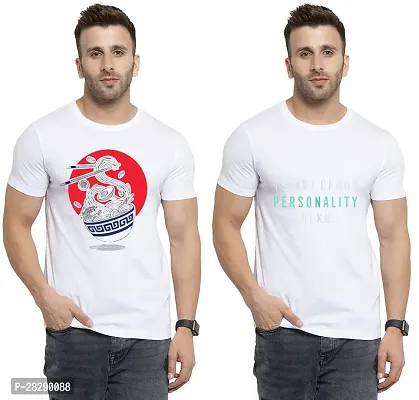 Stylish White Polycotton Half Sleeve Printed Round Neck Tees For Men Pack Of 2