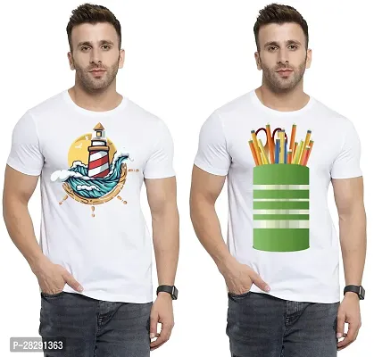 Stylish White Polycotton Half Sleeve Printed Round Neck Tees For Men Pack Of 2-thumb0