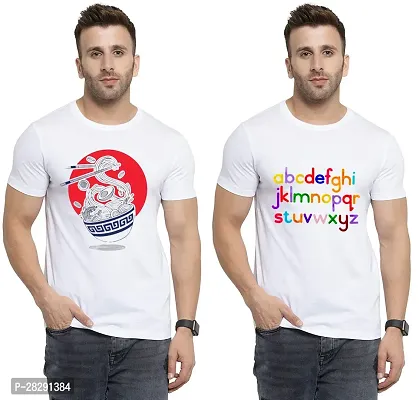 Stylish White Polycotton Half Sleeve Printed Round Neck Tees For Men Pack Of 2