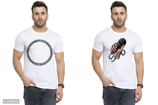 Stylish White Polycotton Half Sleeve Printed Round Neck Tees For Men Pack Of 2