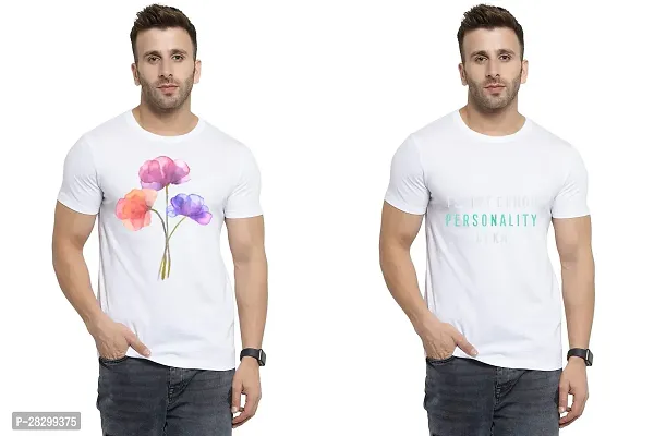 Stylish White Polycotton Half Sleeve Printed Round Neck Tees For Men Pack Of 2