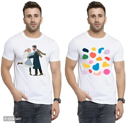 Reliable White Polycotton Printed Round Neck Tees For Men Pack Of 2