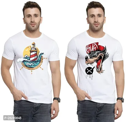 Stylish White Polycotton Half Sleeve Printed Round Neck Tees For Men Pack Of 2-thumb0