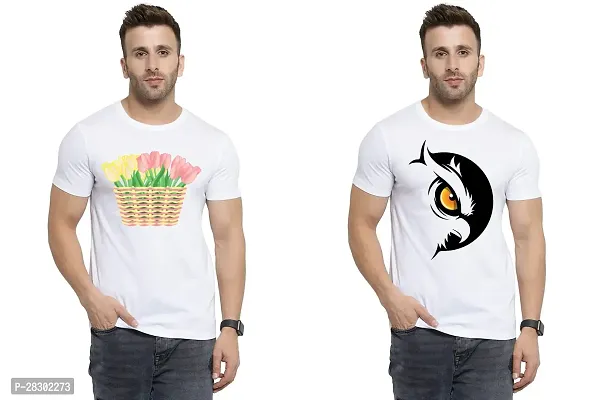 Stylish White Polycotton Half Sleeve Printed Round Neck Tees For Men Pack Of 2