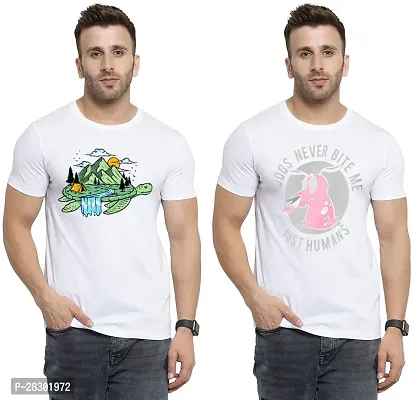 Stylish White Polycotton Half Sleeve Printed Round Neck Tees For Men Pack Of 2