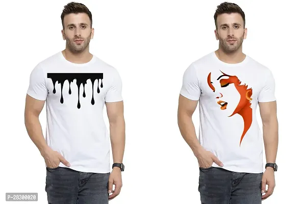 Stylish White Polycotton Half Sleeve Printed Round Neck Tees For Men Pack Of 2