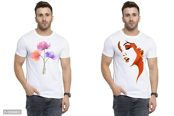 Stylish White Polycotton Half Sleeve Printed Round Neck Tees For Men Pack Of 2