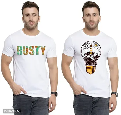 Stylish White Polycotton Half Sleeve Printed Round Neck Tees For Men Pack Of 2