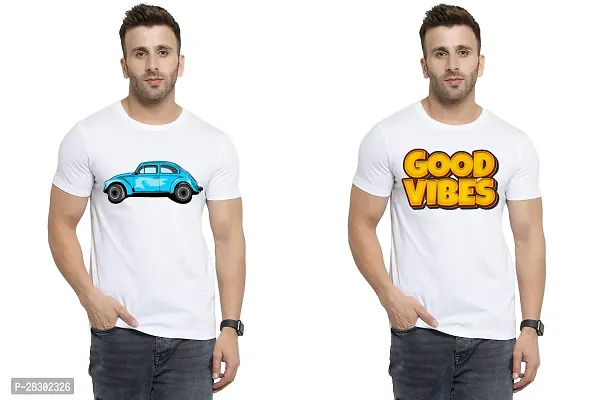 Stylish White Polycotton Half Sleeve Printed Round Neck Tees For Men Pack Of 2-thumb0