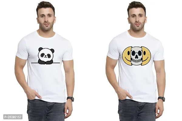 Stylish White Polycotton Half Sleeve Printed Round Neck Tees For Men Pack Of 2