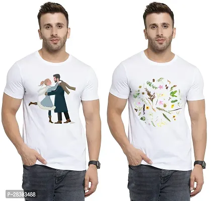 Reliable White Polycotton Printed Round Neck Tees For Men Pack Of 2