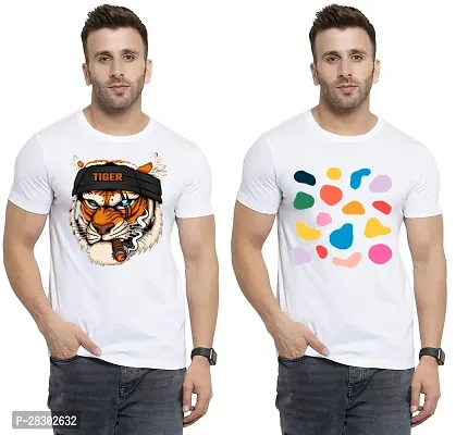 Stylish White Polycotton Half Sleeve Printed Round Neck Tees For Men Pack Of 2